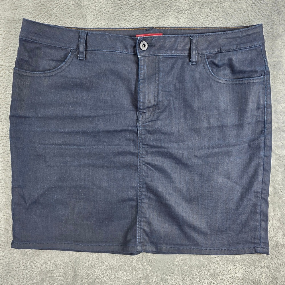 Tommy Hilfiger Coated Waxed Denim Mini Skirt Dark Wash Blue 14 Moto Preppy Chic